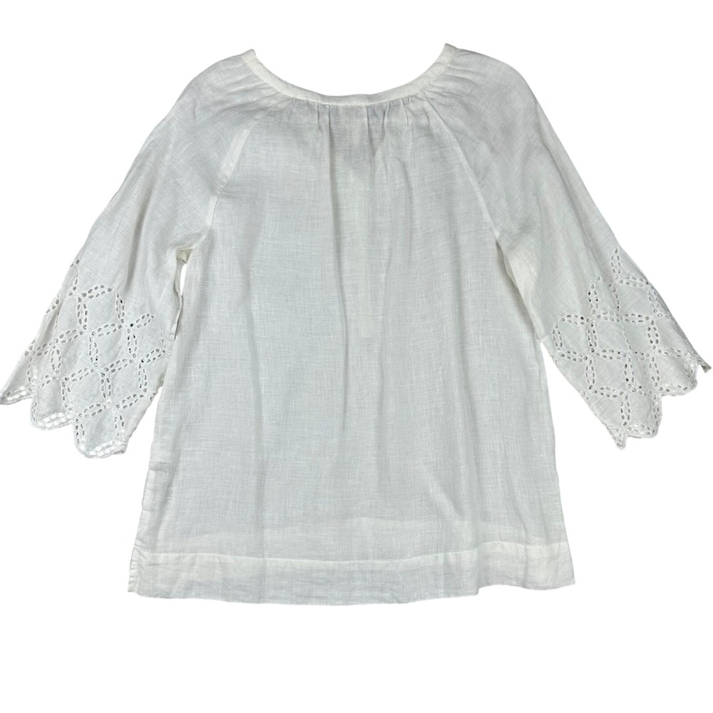 Gorgeous Chicos White 100% Linen Eyelet scalloped Bell Sleeve Tunic Top Sz 1 Med - Picture 13 of 16